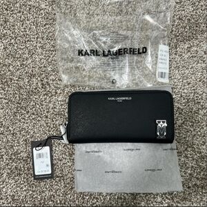 Karl Lagerfeld Black Saffiano Zip Wallet with Silver Logo Charm